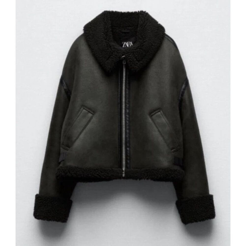 ZARA Double Faced Faux Shearling Jacket Dark Green/Gray Small